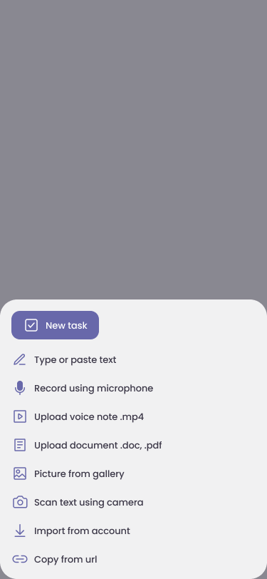 Add menu with options to type, record, upload, scan and import