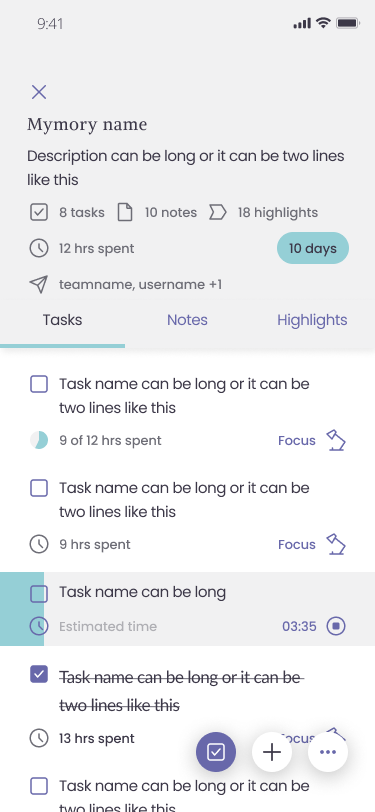 Group page with tasks, notes and highlights tabs