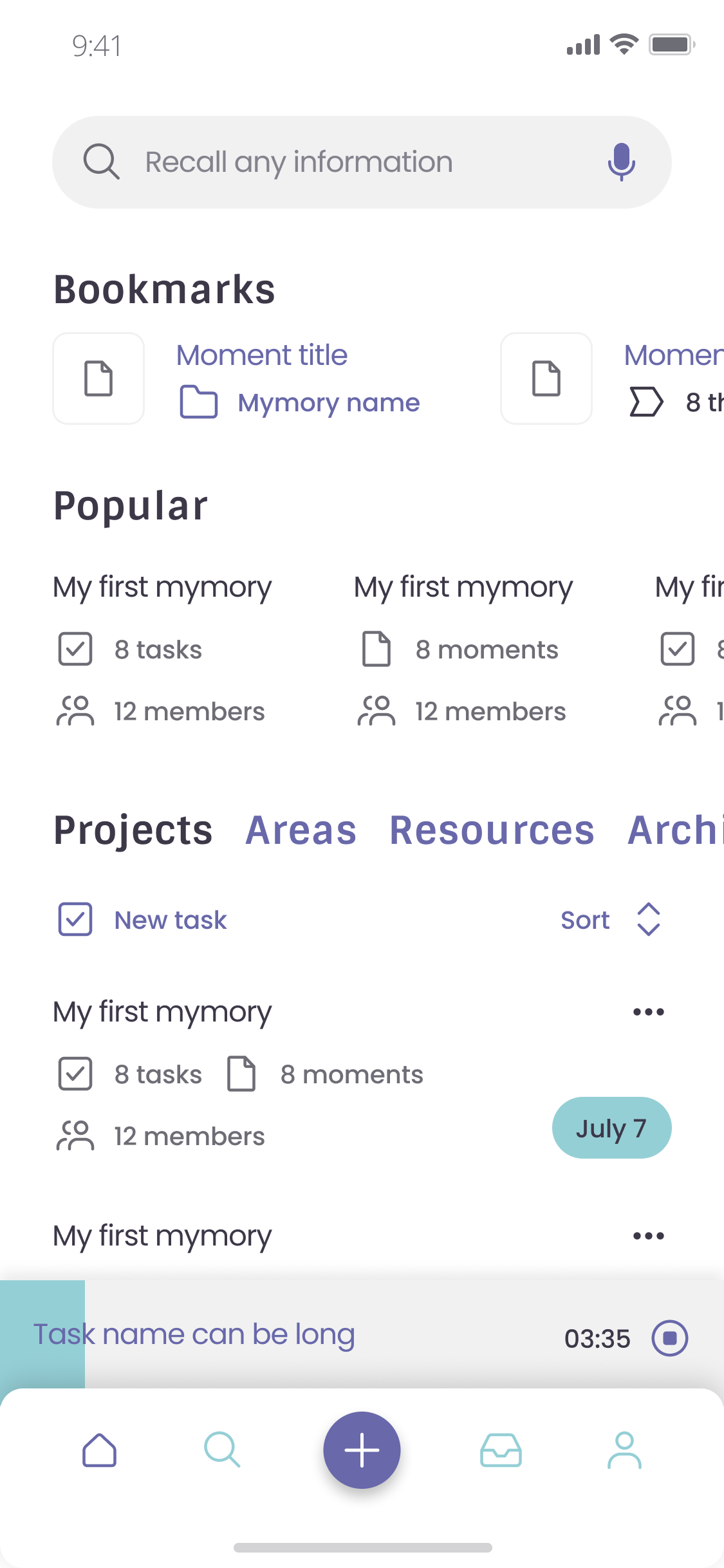 Mymory home with search, bookmarks, popular mymories and projects
