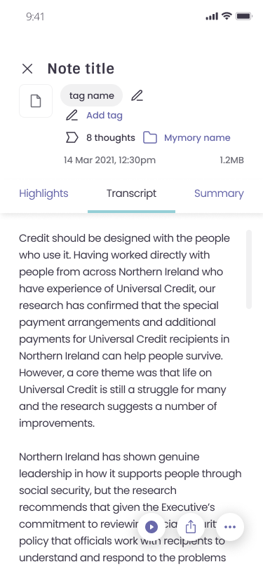 Note screen with highlights, transcript and summary tabs