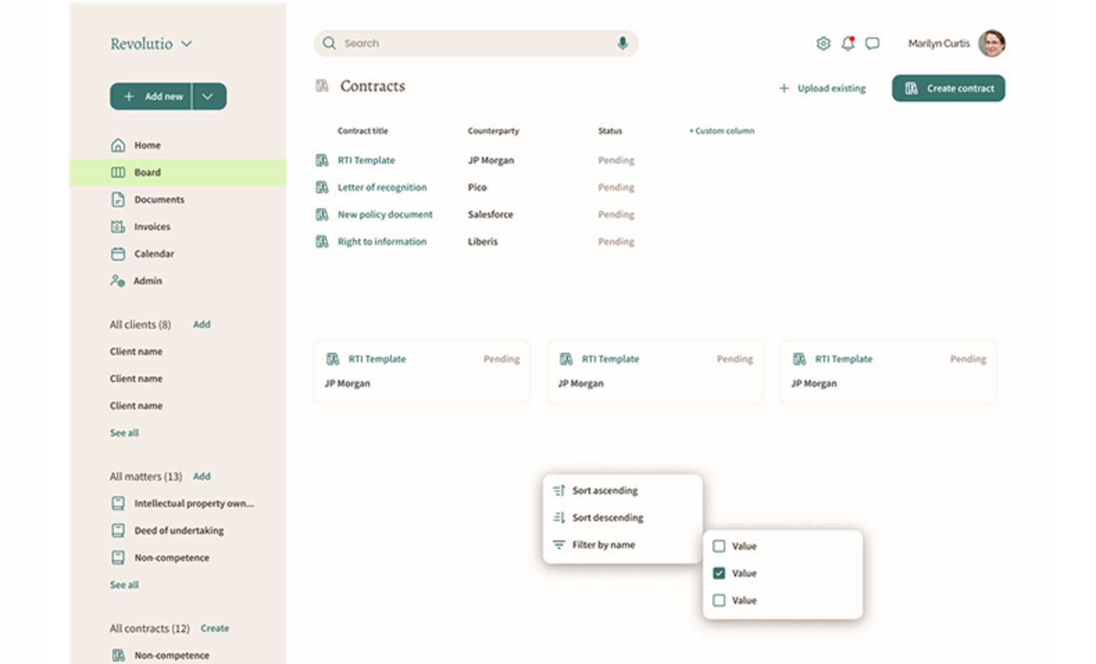 Revolutio contracts board with create contract and upload existing actions