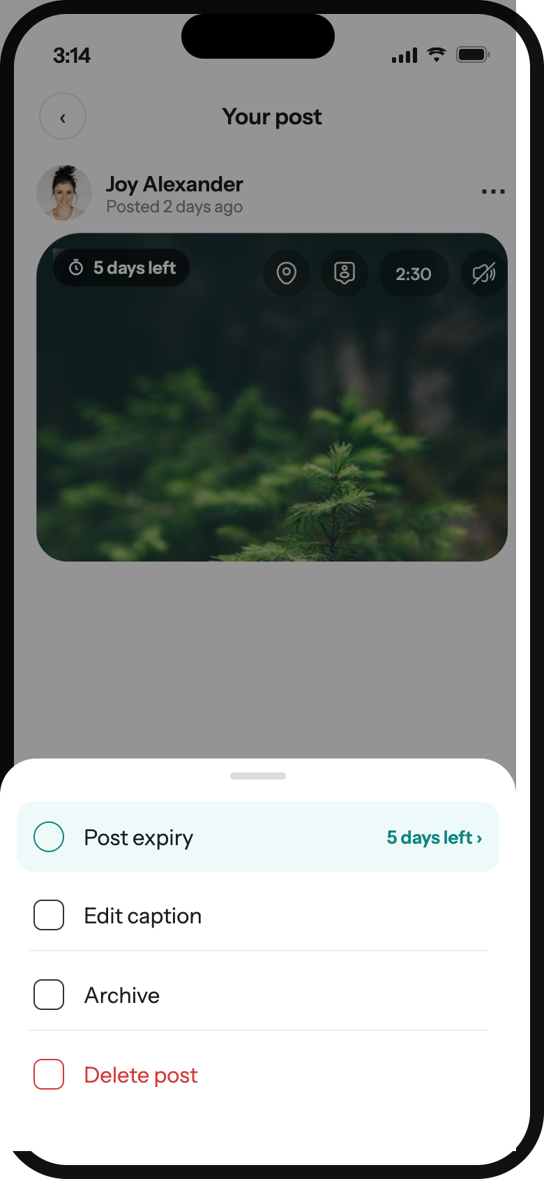 Post options menu with Post expiry first