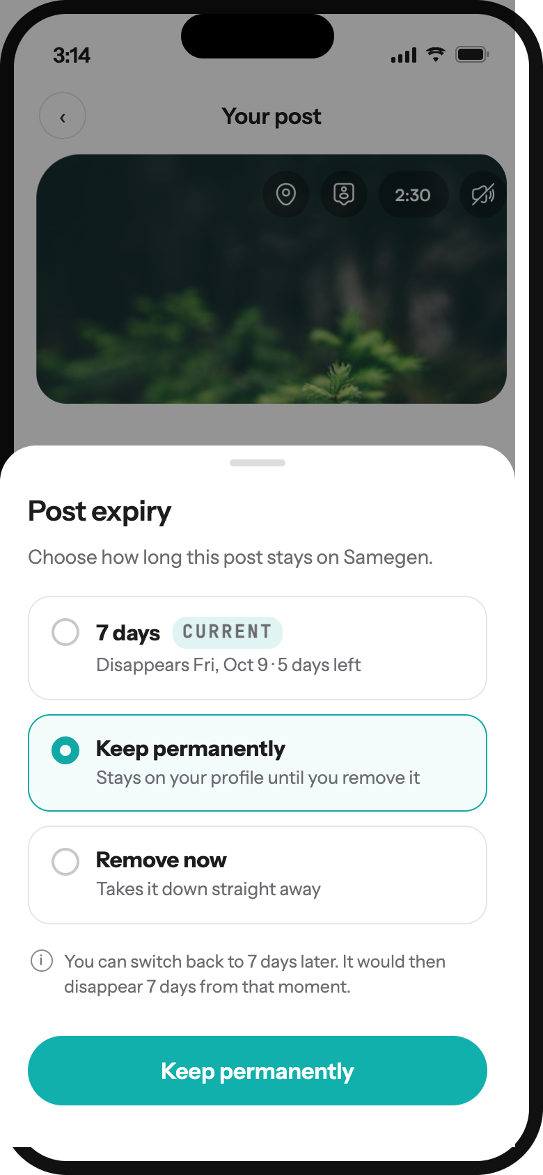 Post expiry sheet with Keep permanently selected