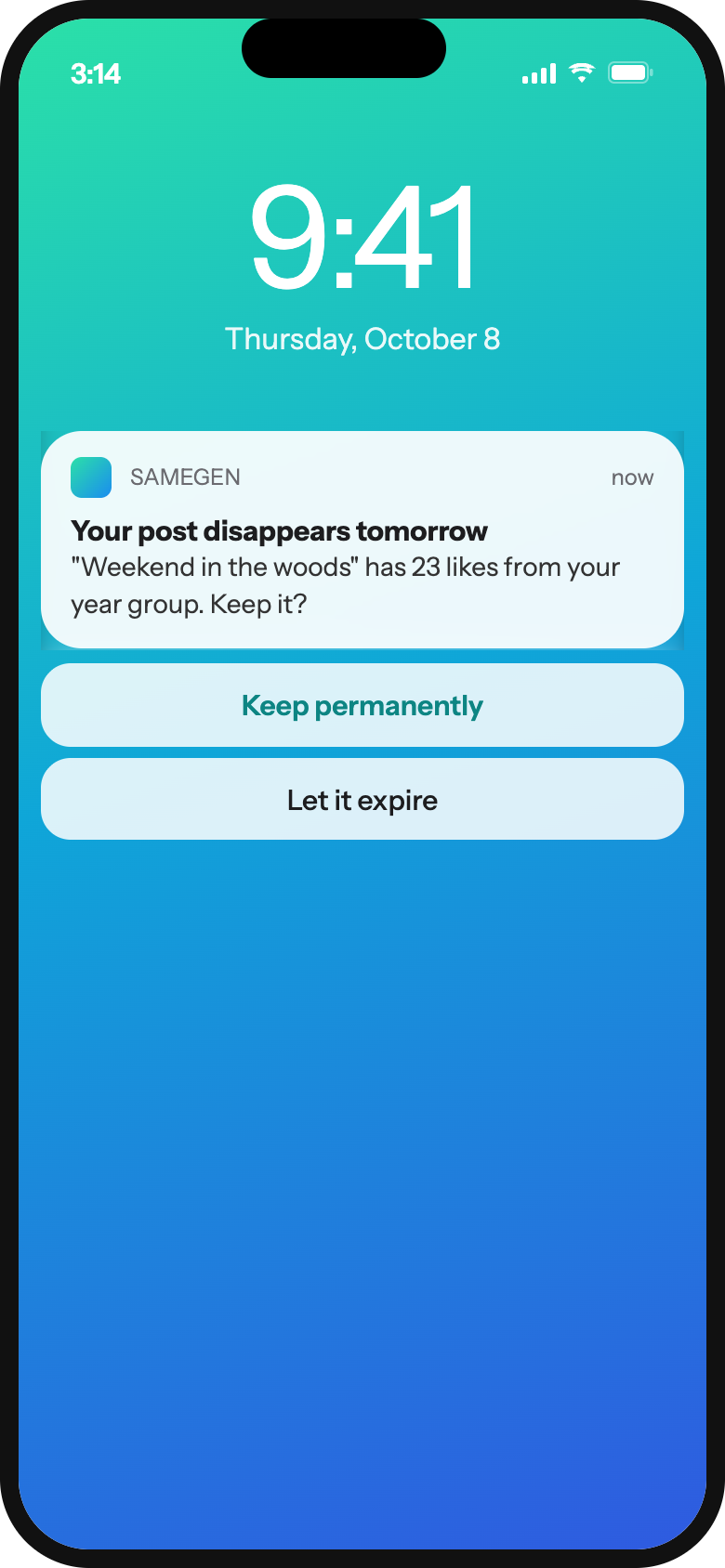 Lock screen reminder that the post disappears tomorrow