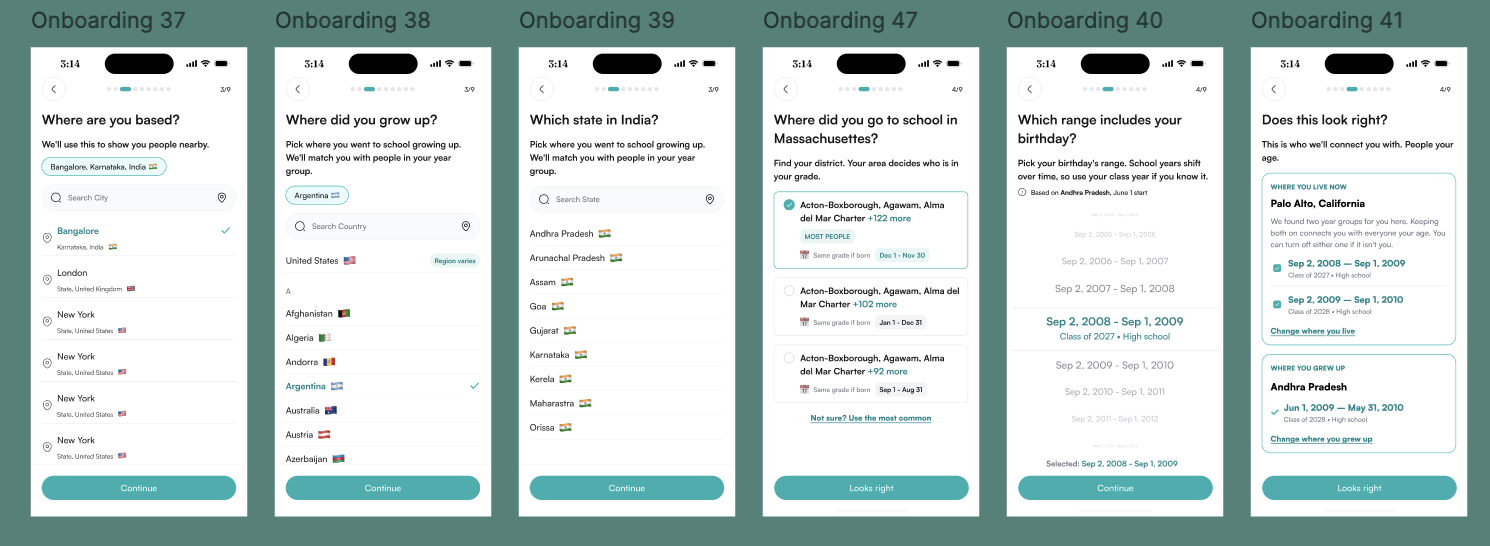 Samegen onboarding screens: location, where you grew up, state, school district, birthday range and confirmation